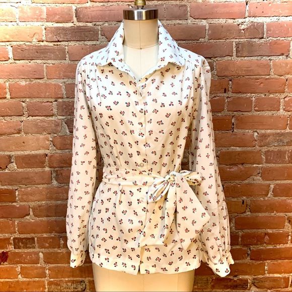 VINTAGE Sweet Cream Floral Blouse w/ Removable Tie - Picture 3 of 10